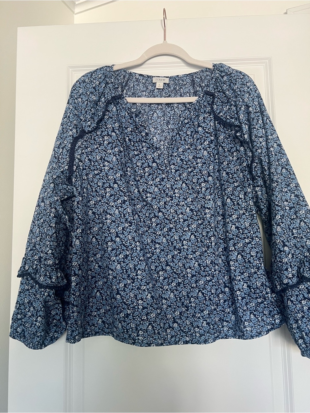 J. Crew Women's Blue Floral Ruffle Long-Sleeve Top